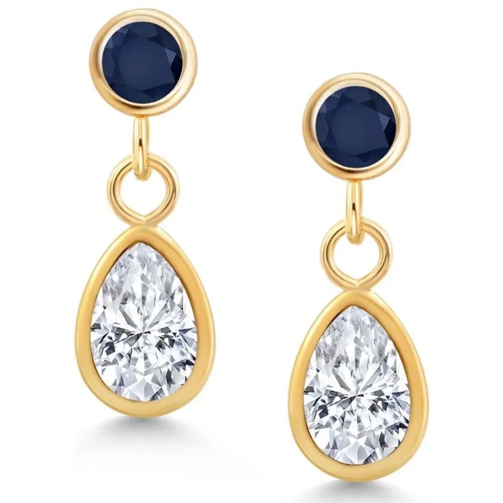 14K Yellow Gold with 1.10 Cttw White Moissanite and Blue Sapphire Post Earrings
